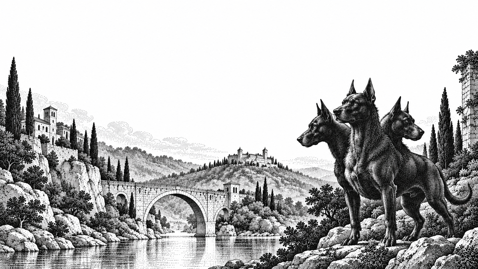 Three watchful heads of Cerberus, rendered in fine black ink stippling.